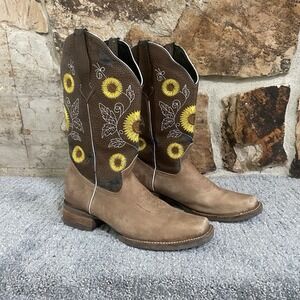Tony Lama Brown and Tan Cowboy Boots with Yellow Floral Embroidery